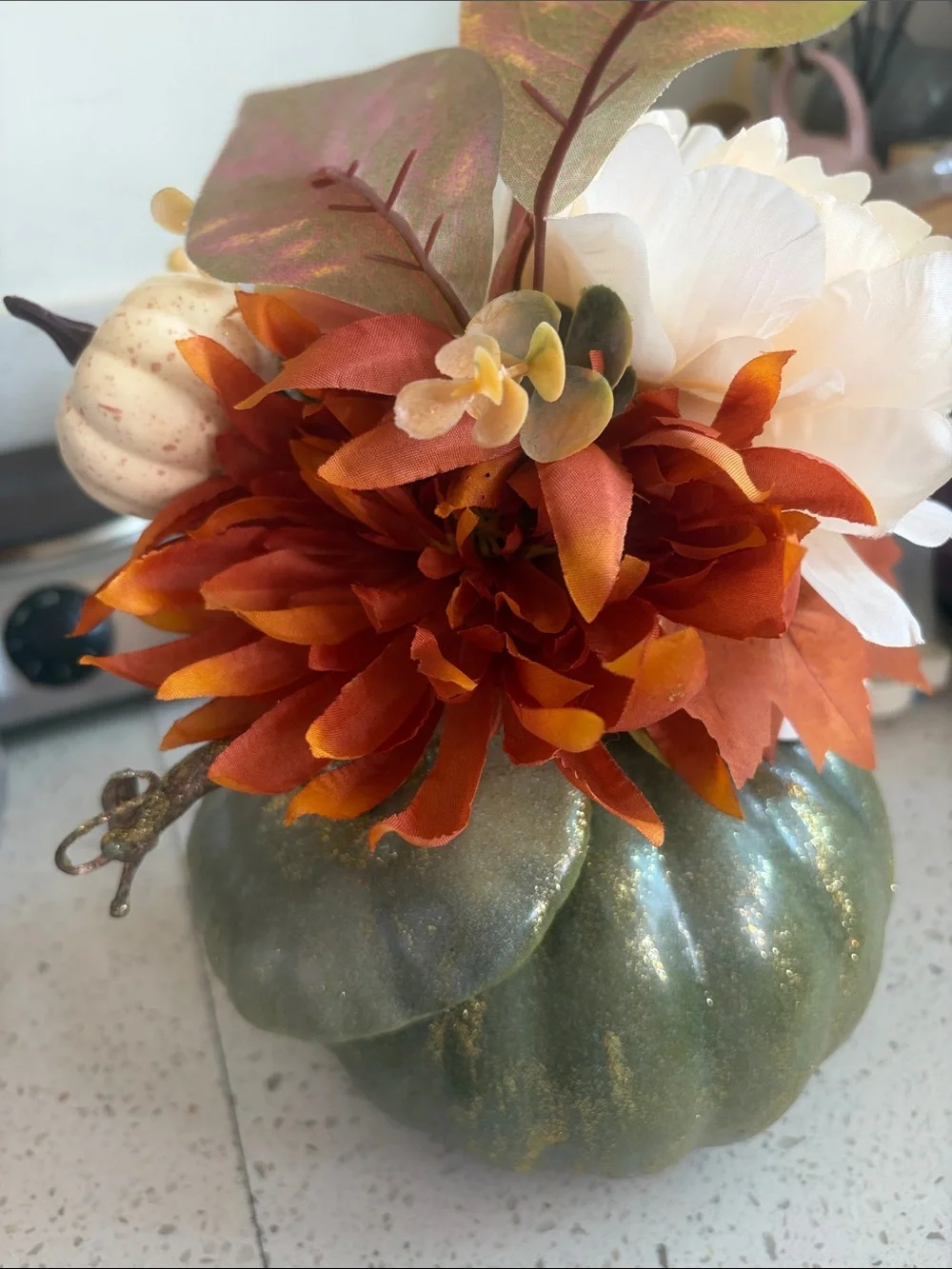 Decorative Green Glitter Pumpkin Floral Arrangement - Home Accents New